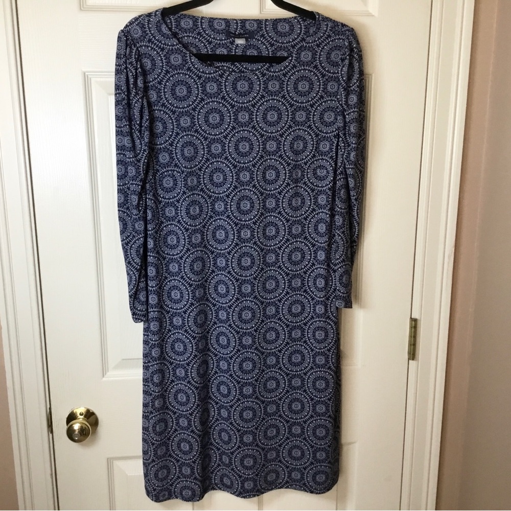 Tommy Hilfiger Long Sleeve Blue & White Geometric Pattern Shift Dress - Size 14